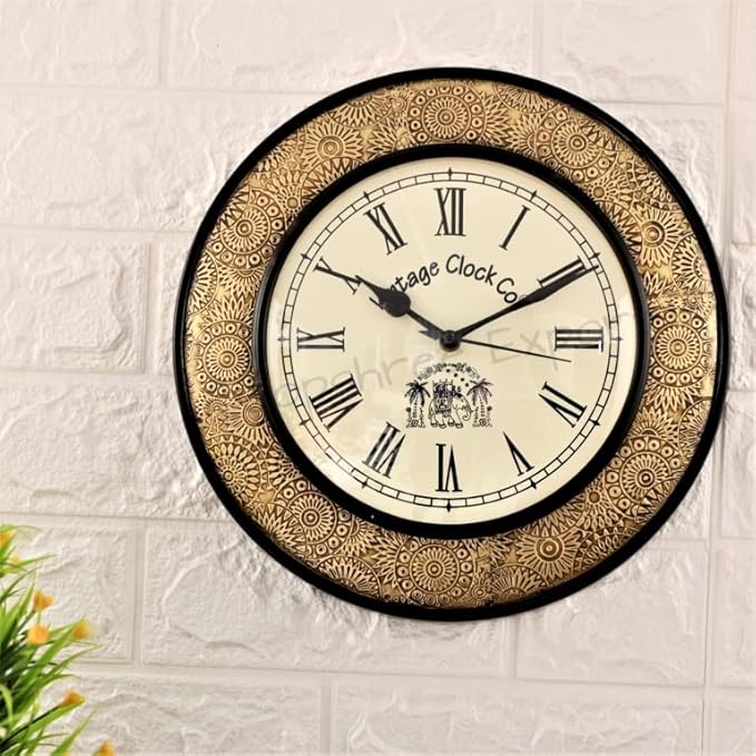 Vintage Clock Handcrafted Brass Inlay Wooden Clock / 1 Year Warranty / Roman Numerals (Vc-1711-12-R), Analog