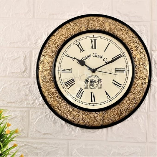 Vintage Clock Handcrafted Brass Inlay Wooden Clock / 1 Year Warranty / Roman Numerals (Vc-1711-12-R), Analog