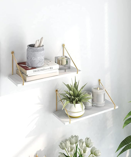 UHUD CRAFTS Wall Shelf for Living Room, Metallic Gold White Wall Mounted Shelves, Home Decor Items for Living Room/Bedroom, Set of 2