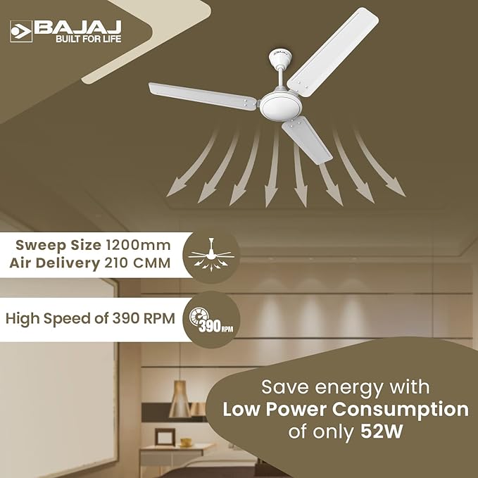 Bajaj Frore 1200 mm (48") stars Rated Ceiling Fans for Home |BEE 1 star Rated Energy Efficient Ceiling Fan |Rust Free Coating for Long Life |High Air Delivery |2-Yr Warranty White