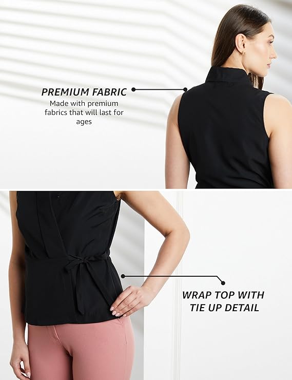 Premium Women's Solid Sleeveless Wrap Top (Regular Fit | Desk-to-Dinner)
