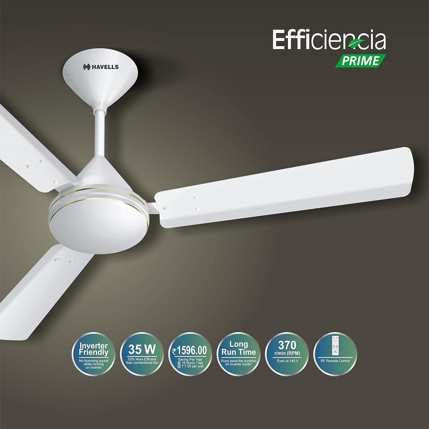 Havells 1200mm Efficiencia Prime BLDC Motor Ceiling Fan | 5 Star with Remote, 100% Copper | Upto 53% Energy Saving, High Air Delivery, 2 Year Warranty, Inverter Friendly, Timer | (Pack of 1, White)