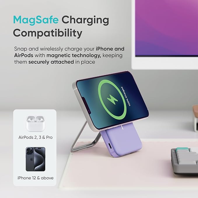 Ambrane 10000mAh MagSafe Powerbank with Stand 22.5W Wired & 15W Wireless Fast Charging Dual Input (Type-C & Lightning) | Triple Output | for iPhone 16/15/14/13/12 & Android Devices (PB11, Purple)