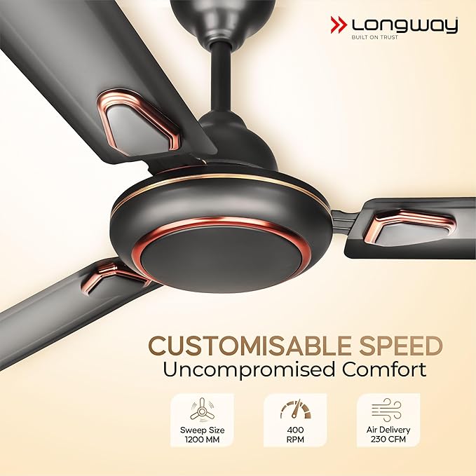 LONGWAY Kiger P1 1200 mm/48 inch Ultra High Speed 3 Blade Anti-Dust Decorative Star Rated Ceiling Fan (Smoked Brown, Pack of 1)