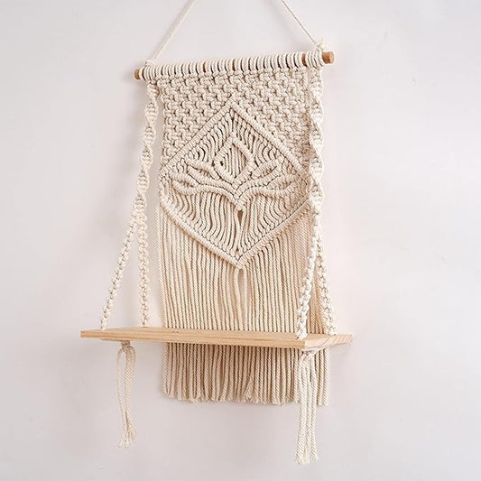 Decazone Macrame Indoor Wall Hanging Shelf Chic Decor Wood Floating Boho Shelves with Wooden Dowel Hand Woven Bohemian Decor for Apartment Dorm Bedroom Living Room Nursery 60 x 30 cm (Beige)