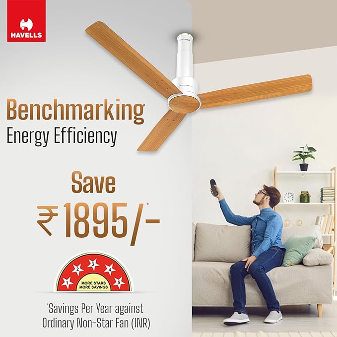 Havells 1200mm Elio Prime BLDC Ceiling Fan | Remote Controlled, High Air Delivery Fan | 5 Star Rated, Upto 60% Energy Saving, 2+1* Year Warranty | (Pack of 1, Pinewood Pearl White)