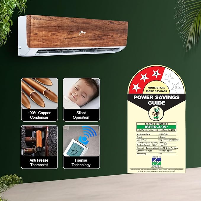 Godrej 1.5 Ton 3 Star, 5 Years Comprehensive Warranty, 5-In-1 Convertible Cooling, Wood Finish, Inverter Split AC (Copper, 4 Way Air Swing, AC 1.5T SIC 18VTC3 WYB TK, Teak Wood)