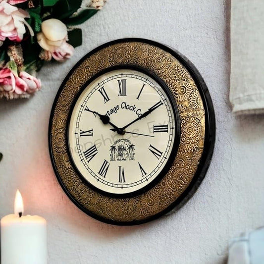 Vintage Clock Handcrafted Brass Inlay Wooden Clock / 1 Year Warranty / Roman Numerals (Vc-1711-12-R), Analog