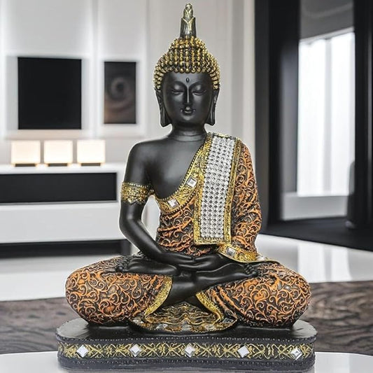 Global Grabbers New 25 Centimetre Meditating Sitting Buddha Statue showpiece Idol Home Decor Items for Living Room and Gifts (1, Orange Black)