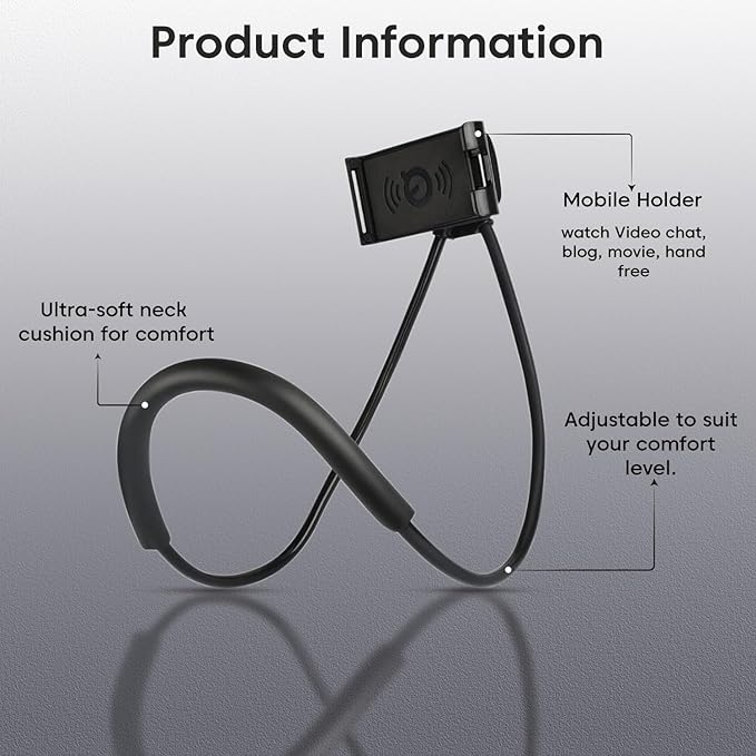 Sounce Lazy Neck Phone Holder Neck Hanging Mobile Cell Phone Stand 360 Rotating Flexible Long Arms Stand Clip Holder Compatibl with 4-7 Inches Smatphones - Black