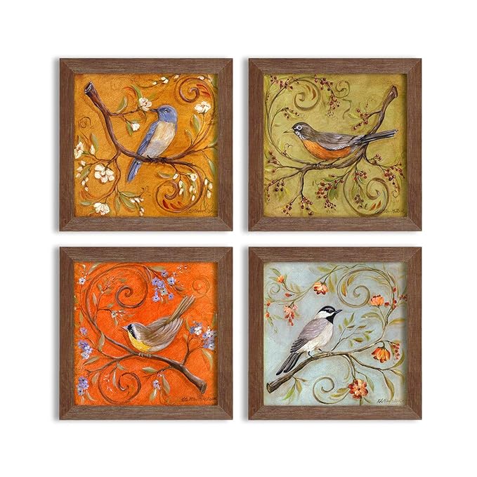 Painting Mantra - Multicolor Jardine Birds Set of 4 Brown Framed Painting,UV Textured Art Prints (10 x 10 inch)