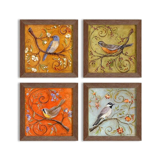 Painting Mantra - Multicolor Jardine Birds Set of 4 Brown Framed Painting,UV Textured Art Prints (10 x 10 inch)