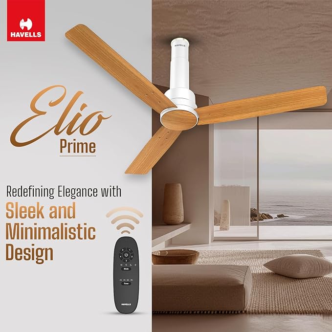 Havells 1200mm Elio Prime BLDC Ceiling Fan | Remote Controlled, High Air Delivery Fan | 5 Star Rated, Upto 60% Energy Saving, 2+1* Year Warranty | (Pack of 1, Pinewood Pearl White)