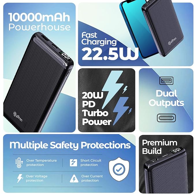 pTron Dynamo Vortex 10000mAh 22.5W Fast Charging Power Bank, 20W PD Fast Charging, Supports Xiamo, Redmi, Samsung,iPhone, Oneplus, Oppo, 2 Outputs & 1 Input & Multiple Layers of Protection (Black)