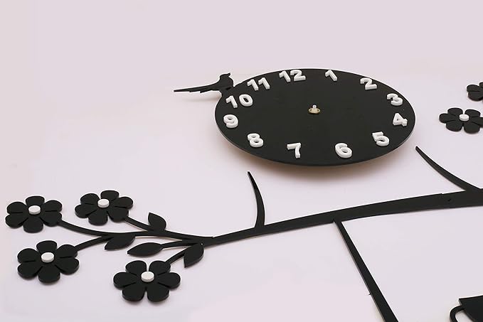 invision1 Plastic 3D Acrylic Tree Birds Coffee Cup On Jhula Design Wall Clock (Black, 69.9 x 41.9 x 1.3 cm) Analog