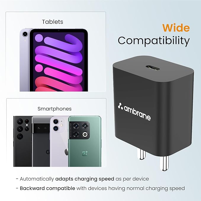 Ambrane 20W Type C Mobile Charger Adapter, Fast Charging for Android, iPhone 16/15/14/13/12/11/X (Pro,/Plus/Max Series), Samsung, Google Pixel & Oppo,Vivo Other Type C Enabled Devices, (M20,Black)