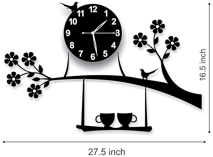 invision1 Plastic 3D Acrylic Tree Birds Coffee Cup On Jhula Design Wall Clock (Black, 69.9 x 41.9 x 1.3 cm) Analog