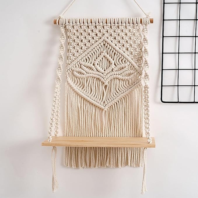 Decazone Macrame Indoor Wall Hanging Shelf Chic Decor Wood Floating Boho Shelves with Wooden Dowel Hand Woven Bohemian Decor for Apartment Dorm Bedroom Living Room Nursery 60 x 30 cm (Beige)
