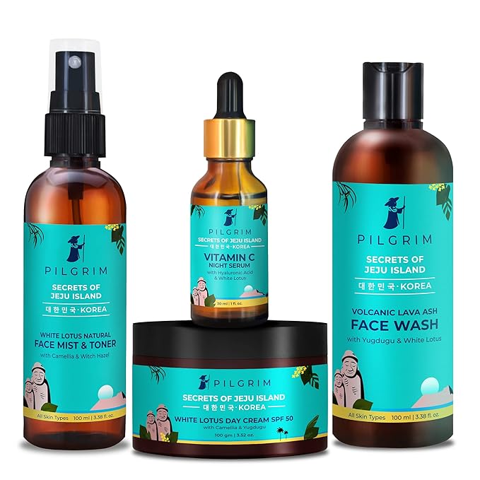 Pilgrim Korean Beauty Flawless Skin Face Care Kit With Vitamin C Night Serum & Jute Kit Bag | Daily Face Wash 100 Ml, Refreshing Face Mist & Toner 100 Ml, Brightening Day Cream Spf50 100 Gm