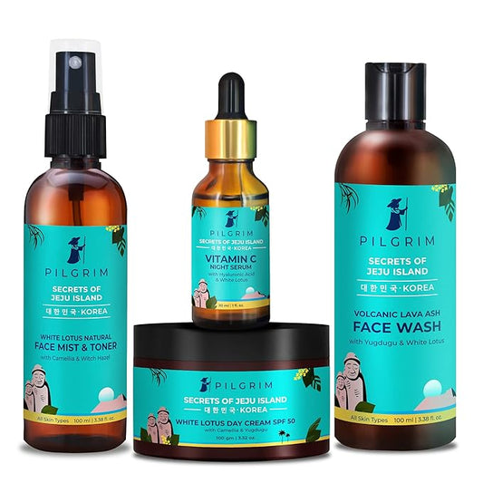 Pilgrim Korean Beauty Flawless Skin Face Care Kit With Vitamin C Night Serum & Jute Kit Bag | Daily Face Wash 100 Ml, Refreshing Face Mist & Toner 100 Ml, Brightening Day Cream Spf50 100 Gm