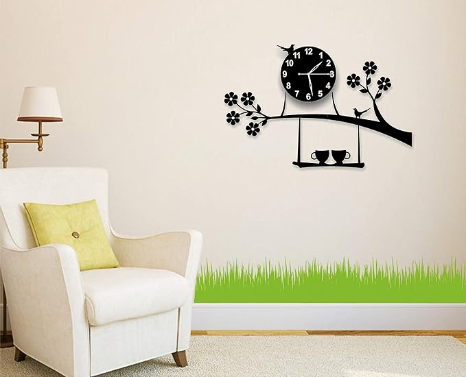 invision1 Plastic 3D Acrylic Tree Birds Coffee Cup On Jhula Design Wall Clock (Black, 69.9 x 41.9 x 1.3 cm) Analog