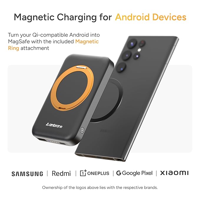 Ambrane MagSafe Wireless 10000mAh Fast Charging Power Bank with Mobile Stand, Strong Magnet, 22.5W Output for iPhone 12 & Above, Android & Other Qi Enabled Device + Magnetic Ring (Mount, Blue)