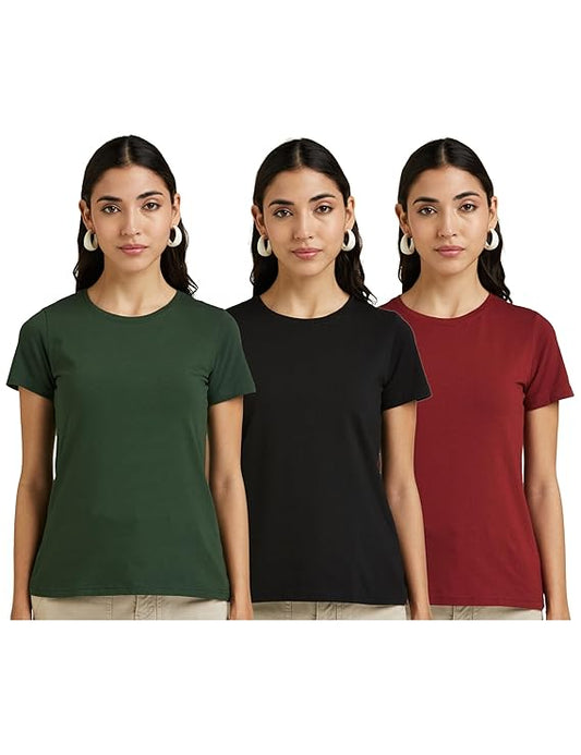 Women's Solid Cotton Stretch Half Sleeve Round Neck Regular Fit T-Shirt (Pack of 3)