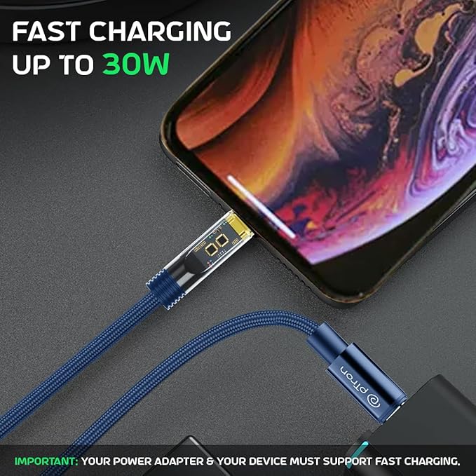 pTron Solero 30W Type-C to 8 Pin iOS Device Fast Charging USB Cable, Compatible with iPhone 14, 14 Pro, 14 Pro Max, 14 Plus, 13, 13 Pro,Max, 13 Mini,12,12 Pro, Unbreakable Nylon Braid (1M, Blue)