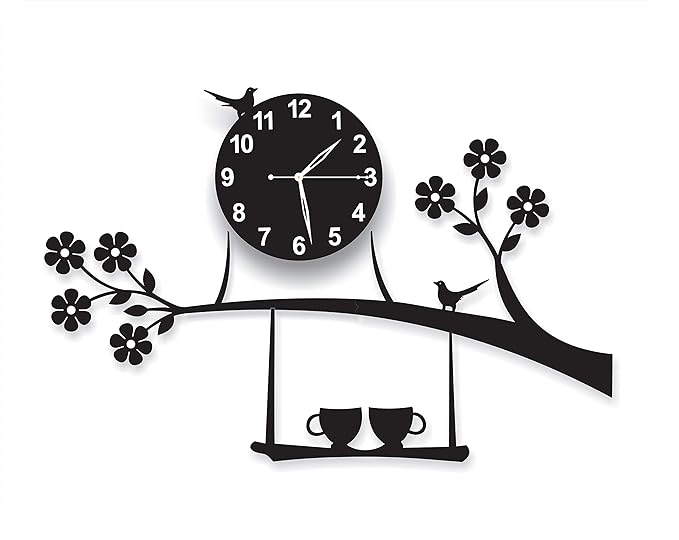 invision1 Plastic 3D Acrylic Tree Birds Coffee Cup On Jhula Design Wall Clock (Black, 69.9 x 41.9 x 1.3 cm) Analog