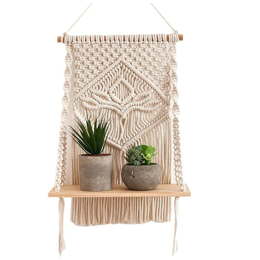 Decazone Macrame Indoor Wall Hanging Shelf Chic Decor Wood Floating Boho Shelves with Wooden Dowel Hand Woven Bohemian Decor for Apartment Dorm Bedroom Living Room Nursery 60 x 30 cm (Beige)