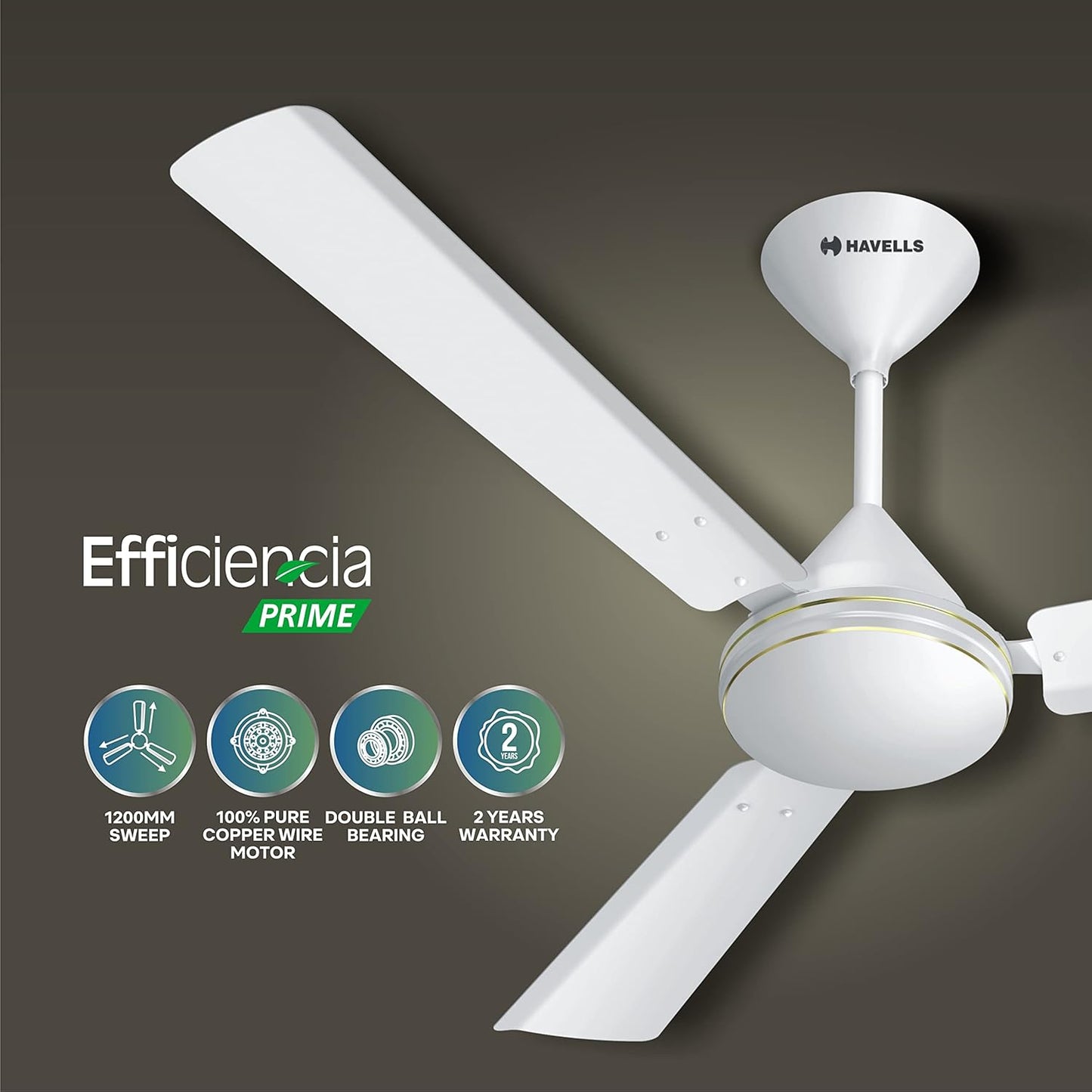 Havells 1200mm Efficiencia Prime BLDC Motor Ceiling Fan | 5 Star with Remote, 100% Copper | Upto 53% Energy Saving, High Air Delivery, 2 Year Warranty, Inverter Friendly, Timer | (Pack of 1, White)