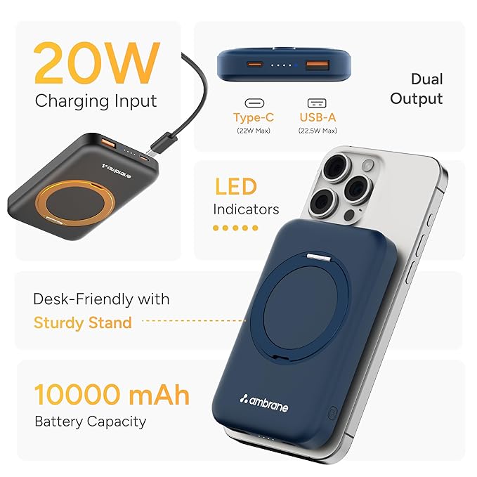 Ambrane MagSafe Wireless 10000mAh Fast Charging Power Bank with Mobile Stand, Strong Magnet, 22.5W Output for iPhone 12 & Above, Android & Other Qi Enabled Device + Magnetic Ring (Mount, Blue)