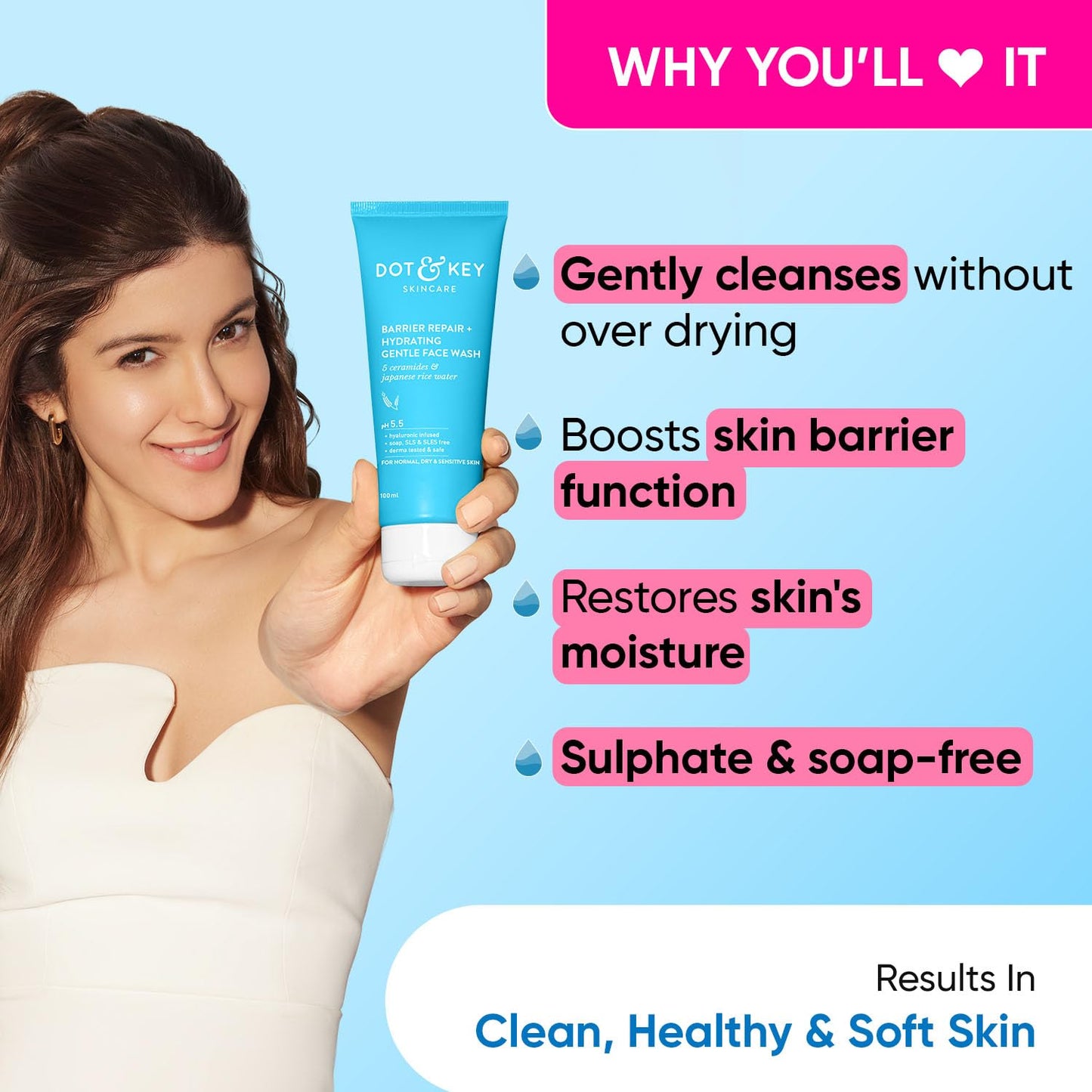 DOT & KEY Barrier Repair + Hydrating Gentle Face Wash With Probiotic|Ceremide Face Wash|Face Wash For Dry Skin,Normal Skin&Sensitive Skin|Gently Cleanses Skin From Dirt&Oil For Unisex,100Ml