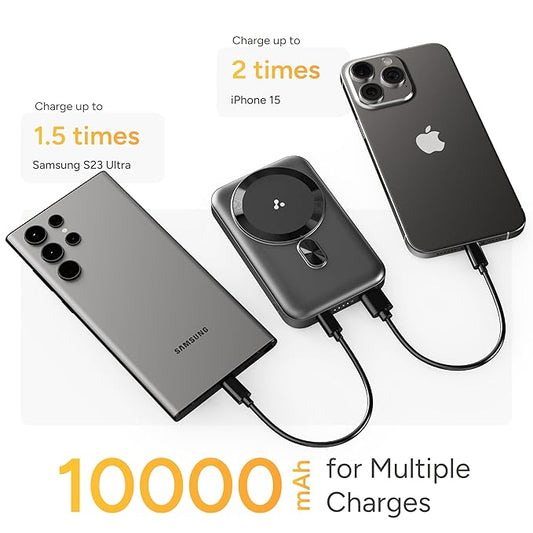 Ambrane MagSafe Wireless 10000mAh Fast Charging Power Bank with Mobile Stand, Strong Magnet, 22.5W Output for iPhone 12 & Above, Android & Other Qi Enabled Device + Magnetic Ring (Mount, Blue)
