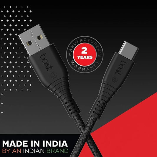 boAt Type C A325/A320 Tangle-free, Sturdy Type C Cable with 3A Rapid Charging & 480 Mbps Data Transmission Speed, Compatible with Smartphones & Tablets(Black)