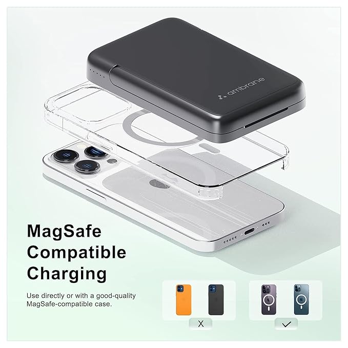 Ambrane 10000mAh Magnetic Wireless Power Bank with Stand, 15W Wireless Fast Charging, Compact 22.5W PD Wired Charger, Compatible with iPhone 12/13/14/15 & Other Wireless Devices (Aerosync PB10,Black)
