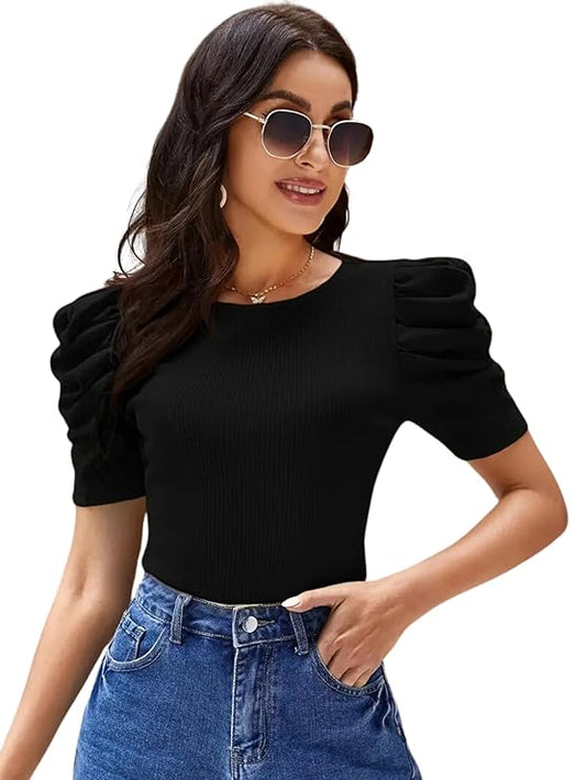 POPWINGS Casual Solid Puff Short Sleeves Round Neck Top for Women |) Latest Stylish Western Tops for Women || Summer Women Top
