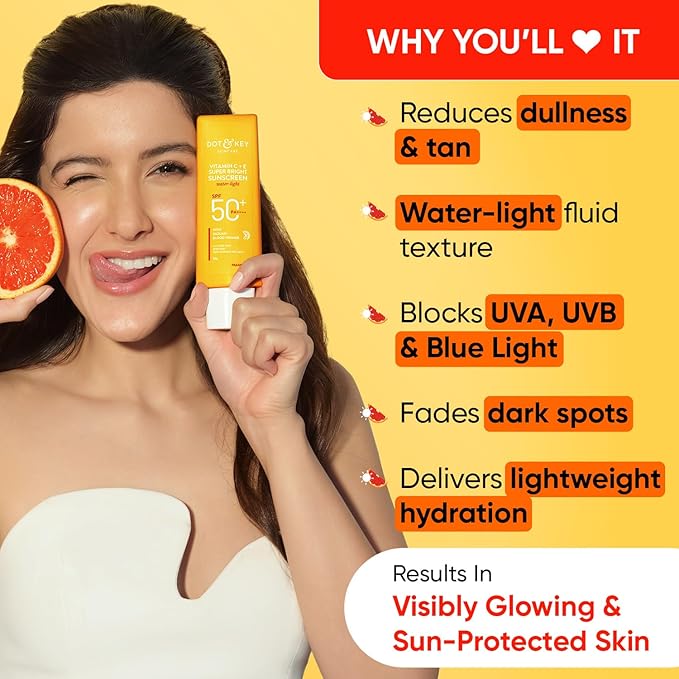 DOT & KEY Vitamin C + E Super Bright Sunscreen Spf 50 |Water-Light,UVA/UVB & Blue Light Protection|For Even Toned & Glowing Skin|With Liquid Spf 50+++| No White Cast| For All Skin Types| 80G,Pack Of 1