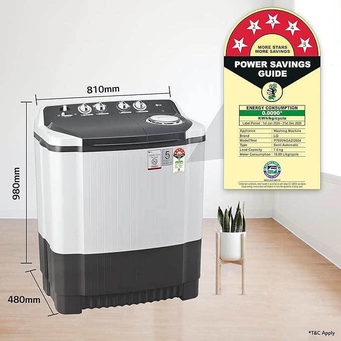 LG 7 Kg 5 Star Wind Jet Dry Semi-Automatic Top Loading Washing Machine (P7020NGAZ, Dark Gray, Rat Away Feature)