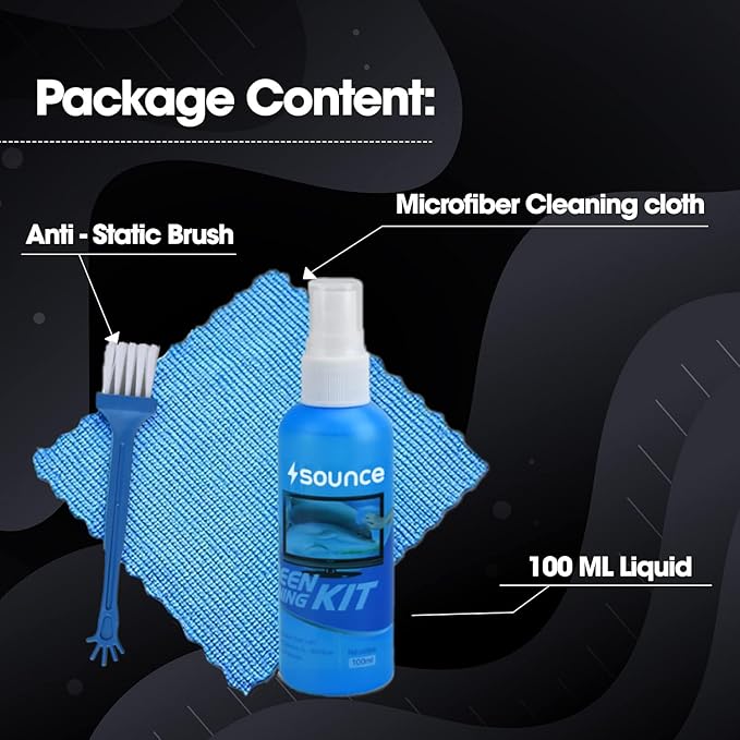 Sounce 3 in 1 Cleaning Set for Screen PC, Laptops, Monitors, Mobiles, LCD, LED, TV/Professional Quality/Prevents Static Electricity, 100ml with Micro Fiber Cloth and Soft Brush