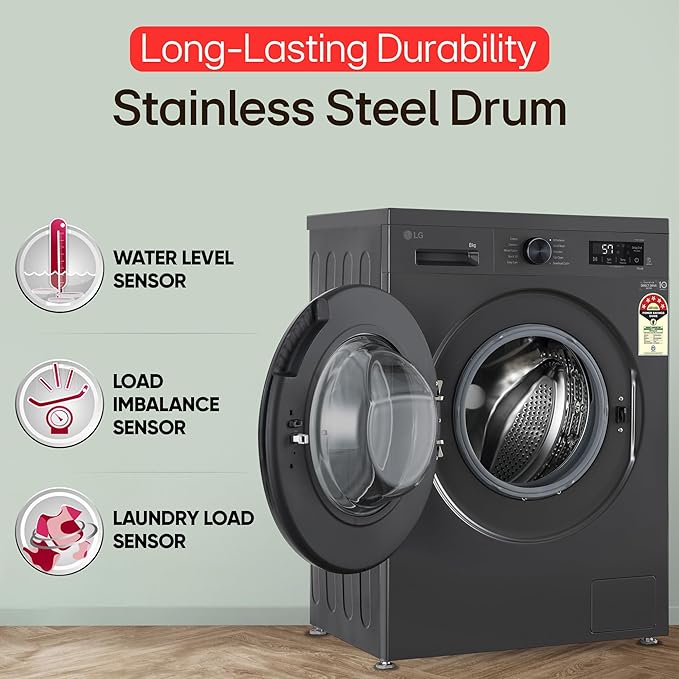 LG 8 Kg, 5 Star, Wi-Fi, Direct Drive Technology, Steam Wash, 6 Motion DD, Fully-Automatic Front Load Washing Machine (FHB1208Z4M, Allergy Care, In-Built Heater, Touch Panel, 2024 model, Middle Black)