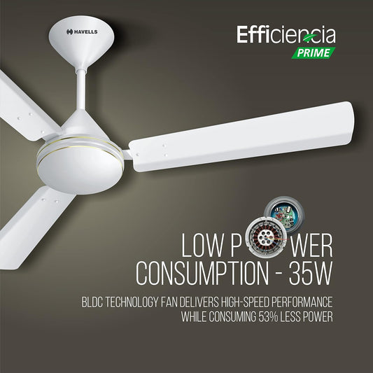 Havells 1200mm Efficiencia Prime BLDC Motor Ceiling Fan | 5 Star with Remote, 100% Copper | Upto 53% Energy Saving, High Air Delivery, 2 Year Warranty, Inverter Friendly, Timer | (Pack of 1, White)