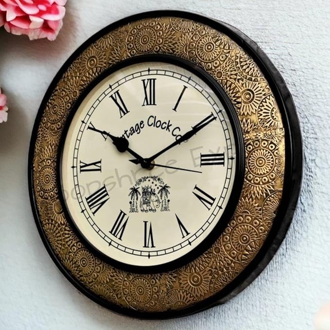 Vintage Clock Handcrafted Brass Inlay Wooden Clock / 1 Year Warranty / Roman Numerals (Vc-1711-12-R), Analog