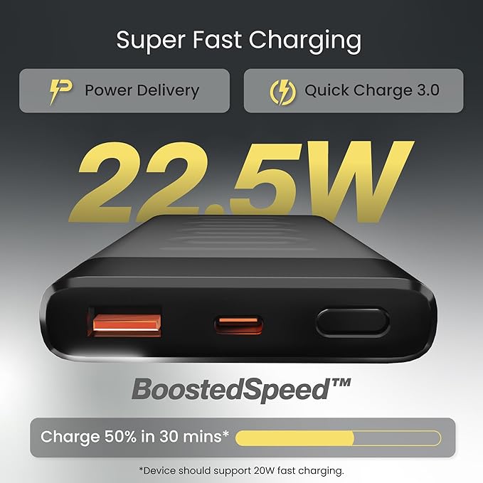 Ambrane 10000mAh Slim & Compact Powerbank, 22.5W Fast Charging, USB & Type C Output, Power Delivery, Quick Charge for iPhone, Android & Other Devices, Made in India + Type C Cable (Stylo 10, Black)