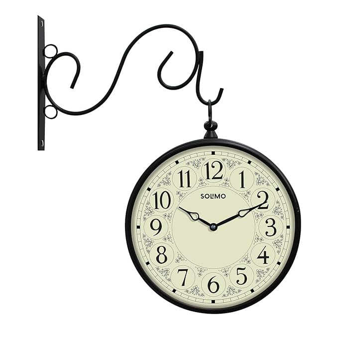 Solimo Double Sided Vintage Station Wall Clock, one Side Roman and Other Side Numeral dial (8 Inches, Black) Metal, Analog