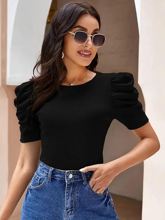 POPWINGS Casual Solid Puff Short Sleeves Round Neck Top for Women |) Latest Stylish Western Tops for Women || Summer Women Top