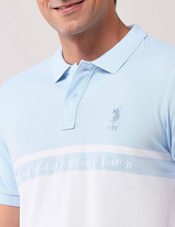 U.S. Polo Assn. Men's Blue Colour Blocked Polo Collar Half Sleeve Casual Cotton Slim Fit T-Shirt
