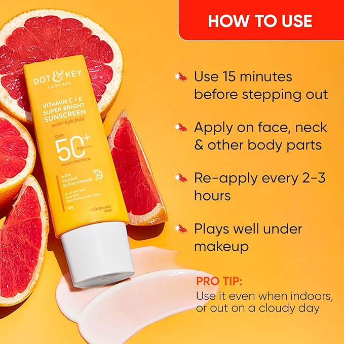DOT & KEY Vitamin C + E Super Bright Sunscreen Spf 50 |Water-Light,UVA/UVB & Blue Light Protection|For Even Toned & Glowing Skin|With Liquid Spf 50+++| No White Cast| For All Skin Types| 80G,Pack Of 1