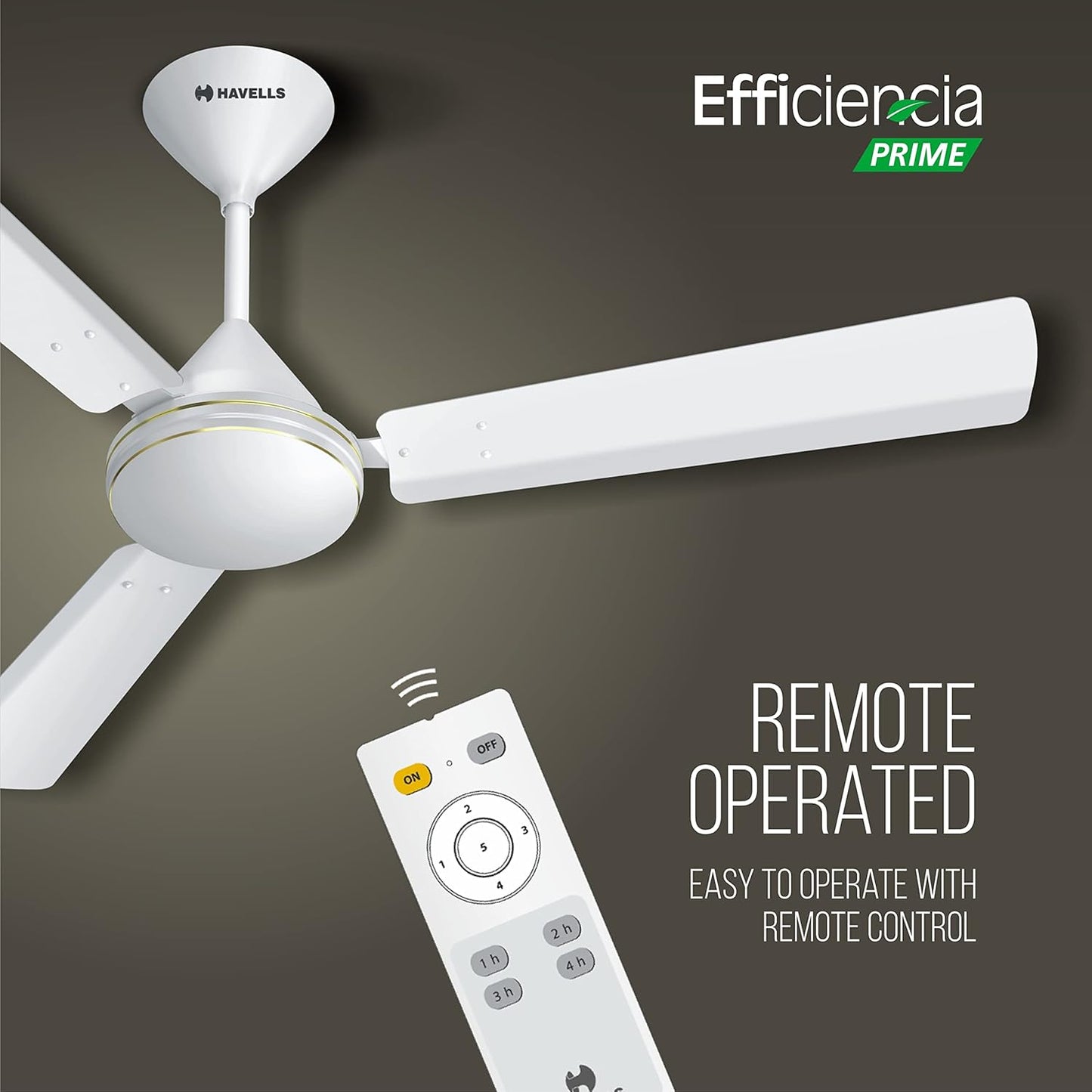Havells 1200mm Efficiencia Prime BLDC Motor Ceiling Fan | 5 Star with Remote, 100% Copper | Upto 53% Energy Saving, High Air Delivery, 2 Year Warranty, Inverter Friendly, Timer | (Pack of 1, White)