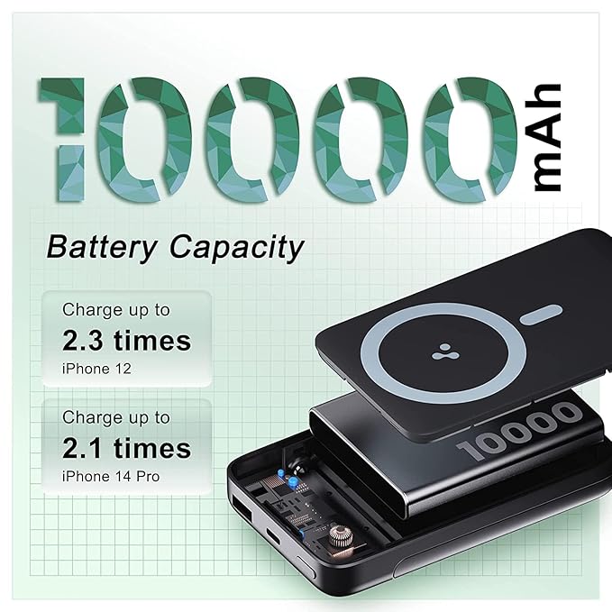 Ambrane 10000mAh Magnetic Wireless Power Bank with Stand, 15W Wireless Fast Charging, Compact 22.5W PD Wired Charger, Compatible with iPhone 12/13/14/15 & Other Wireless Devices (Aerosync PB10,Black)